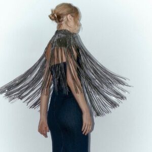 ZARA Gray Silver Sequin Fringe Cape Top